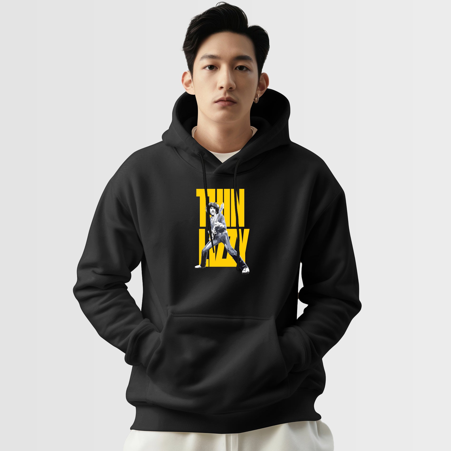 Thin Lizzy Hoodie – Bold Yellow Graphic with Iconic Guitar Stance